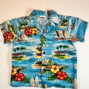 Nui Nalu Boys Size 4 Hawaiian Shirt Made Hawaii Aloha Print Surf Boat Tropical
